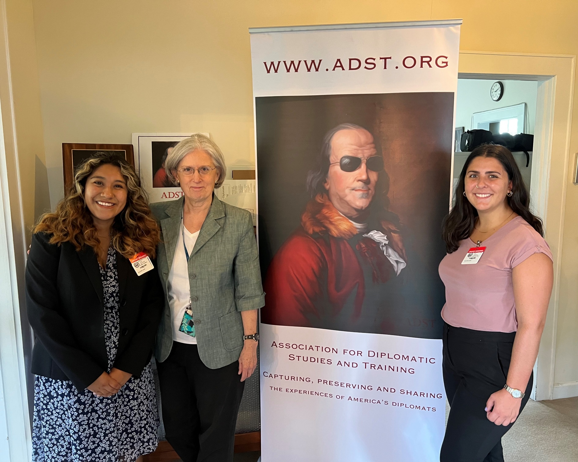 Rising Professionals Daniela Suarez (left) and Claudia Del Pozo (left) post with Ambassador (Ret.) Susan Johnson, President of the Association for Diplomatic Studies and Training.